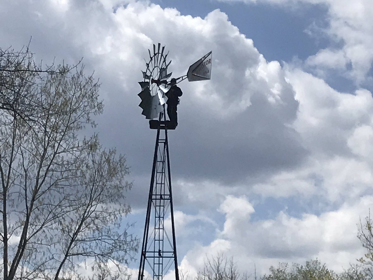 thatjohngladden's tweet photo. Mr. Troyer came up from Charm on this blustery day to change the oil in our 40-foot-tall windmill. He is one of the kindest and bravest men I know. #aermotor #windmill #ohw #charmohio #troyerwindmillsales https://t.co/fMrPsRfFCo