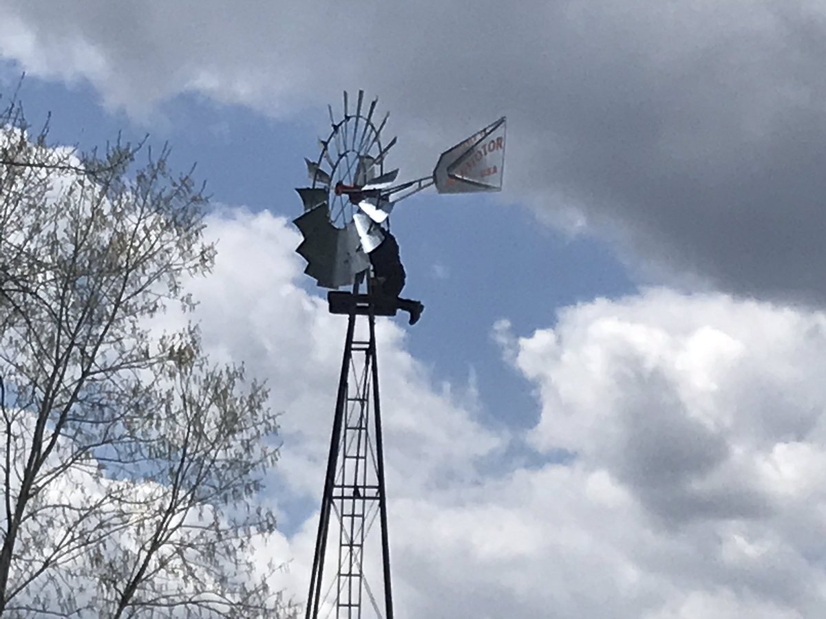 thatjohngladden's tweet photo. Mr. Troyer came up from Charm on this blustery day to change the oil in our 40-foot-tall windmill. He is one of the kindest and bravest men I know. #aermotor #windmill #ohw #charmohio #troyerwindmillsales https://t.co/fMrPsRfFCo