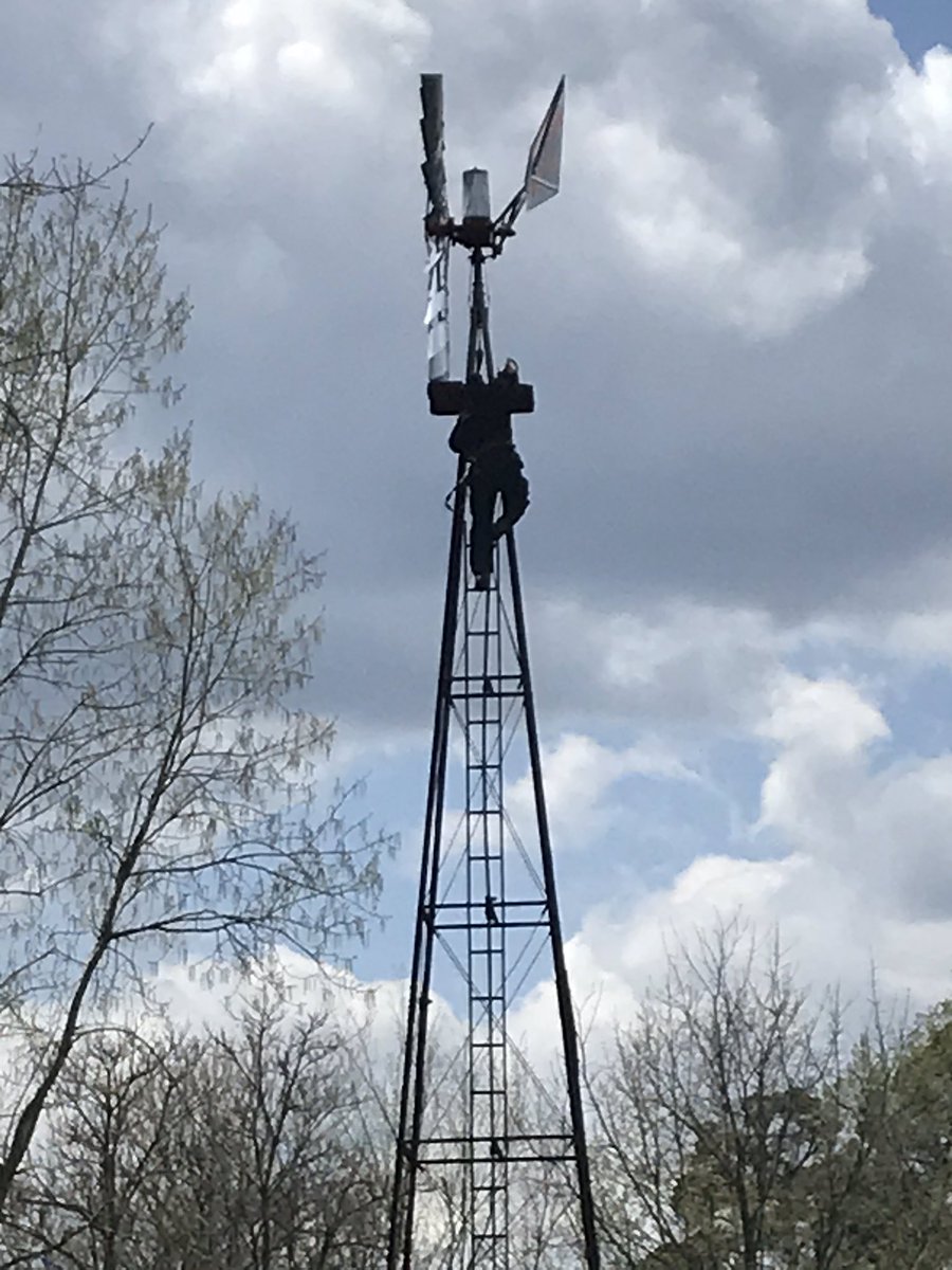 thatjohngladden's tweet photo. Mr. Troyer came up from Charm on this blustery day to change the oil in our 40-foot-tall windmill. He is one of the kindest and bravest men I know. #aermotor #windmill #ohw #charmohio #troyerwindmillsales https://t.co/fMrPsRfFCo