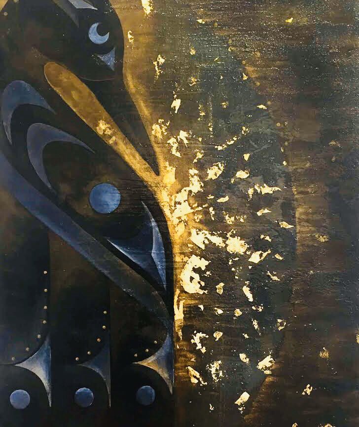 markloriaart's tweet photo. Indigenous Art of the Day - Raven Who Stole The Sun, 2019 (detail) by Angela Marston (Coast Salish). A very unique painting using gold (powder and leaf) to create darkness and luminosity. #coastsalishart #contemporaryindigenousart #northwestcoastart #artdealersassociationofcanada https://t.co/DiPWQ4WJU2