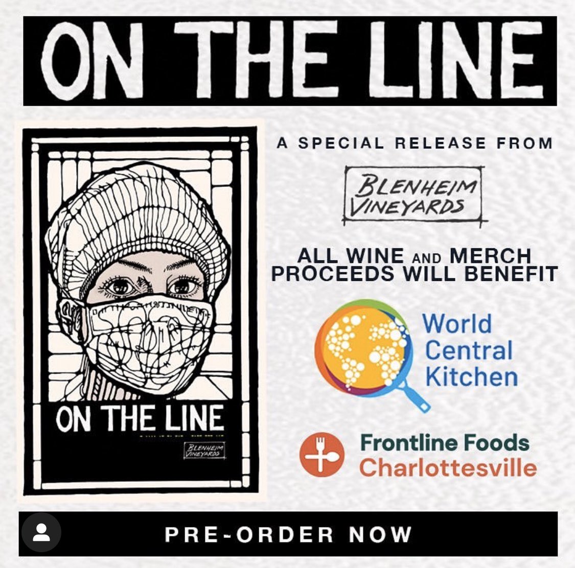 klugesan's tweet photo. Excited to share a special collaboration btwn @WCKitchen @BlenheimWines + @FrontlineCville! 100% of proceeds from #OnTheLine blend will help restaurants provide nourishing meals to frontline workers &amp; community members in need. #DMB #FuelTheFight #withlove https://t.co/sxC8XXK1tj https://t.co/FoLGr1nTQP