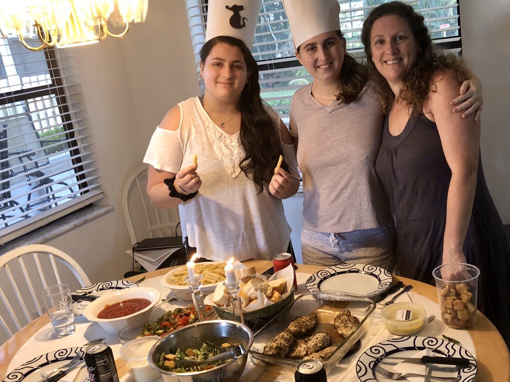 Brendue's tweet photo. So proud to be an NB Eagle. Thank you @Fliklsdining. @NBPSEagles. The Heschaks had a blast cooking together. (We happened to just watch Rattatouille last week-thus the hats) Grateful for your generosity!! https://t.co/S2NOvG9Tb7