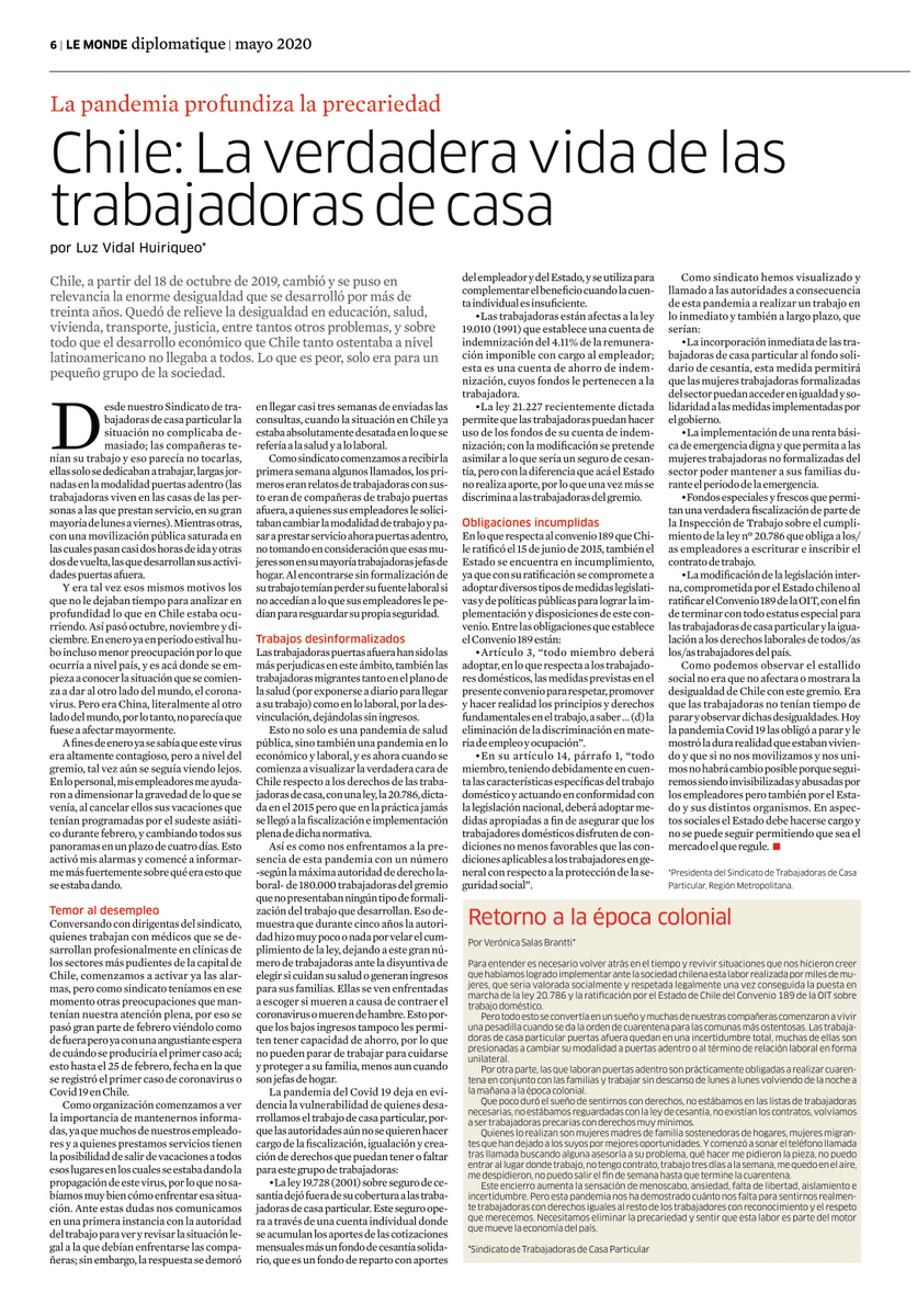 sintracap's tweet photo. "La pandemia profundiza la precariedad #Chile: La verdadera vida de las trabajadoras de casa"👩🏽👩🏽🦱👵🏽
Compartimos la columna de la pdta de @sintracap #luzVidal publicada en Le Monde Diplomatique
Puedes descargar 👉🏽https://t.co/Blhoyfiu8Q
#CuidaAquienTeCuida
#HogarQueValora https://t.co/4BwnNSU0UA