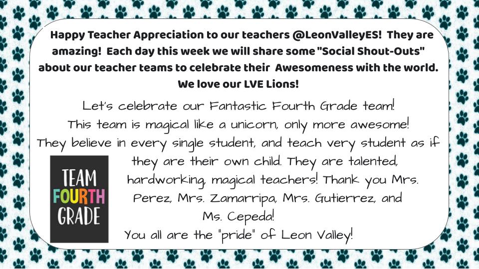 Husky_Principal's tweet photo. Day 4 - Happy Teacher Appreciation to our teachers @LeonValleyES! They are amazing! Each day this week we will share some "Social Shout-Outs" about our teacher teams to celebrate their Awesomeness with the world. #LVEBeLegendary #TeacherAppreciationWeek2020
@NISDLeonValley https://t.co/DBEKnISQwa