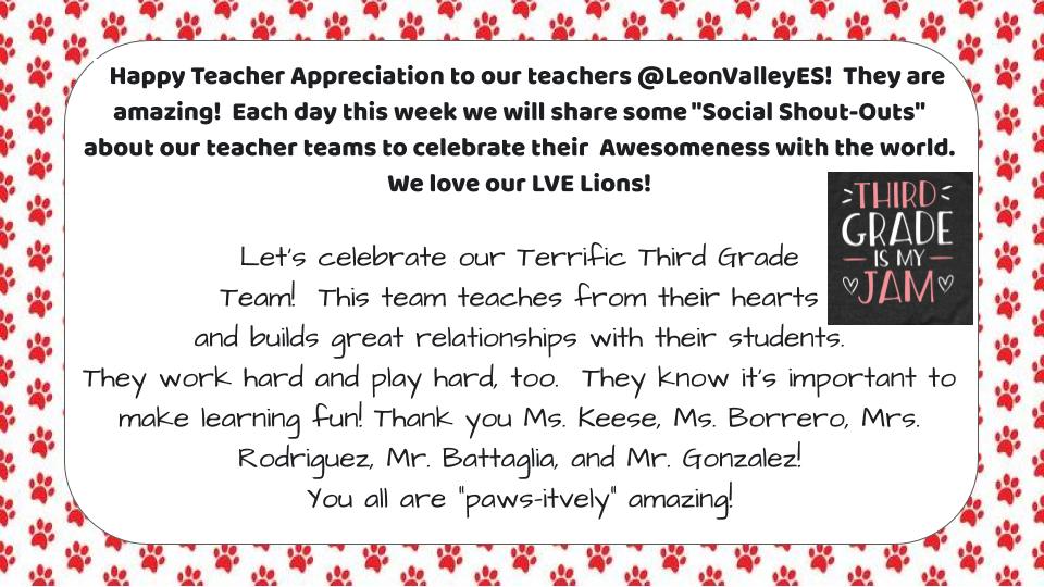Husky_Principal's tweet photo. Day 4 - Happy Teacher Appreciation to our teachers @LeonValleyES! They are amazing! Each day this week we will share some "Social Shout-Outs" about our teacher teams to celebrate their Awesomeness with the world. #LVEBeLegendary #TeacherAppreciationWeek2020
@NISDLeonValley https://t.co/DBEKnISQwa