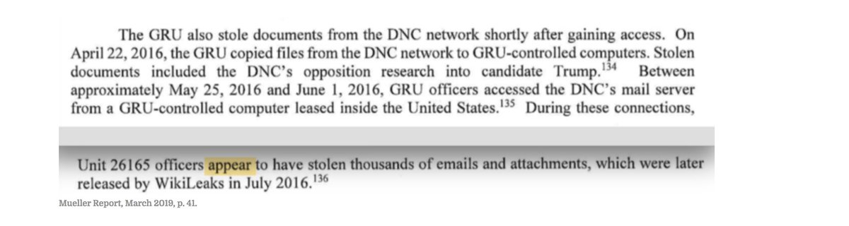 Recall that the Mueller report, in recounting the alleged Russian theft of emails, added the qualifier that the GRU "officers *appear* to have stolen thousands of emails and attachments." Perhaps they weren't sure, because Crowdstrike wasn't either.  https://twitter.com/aaronjmate/status/1118923993682272256?s=20