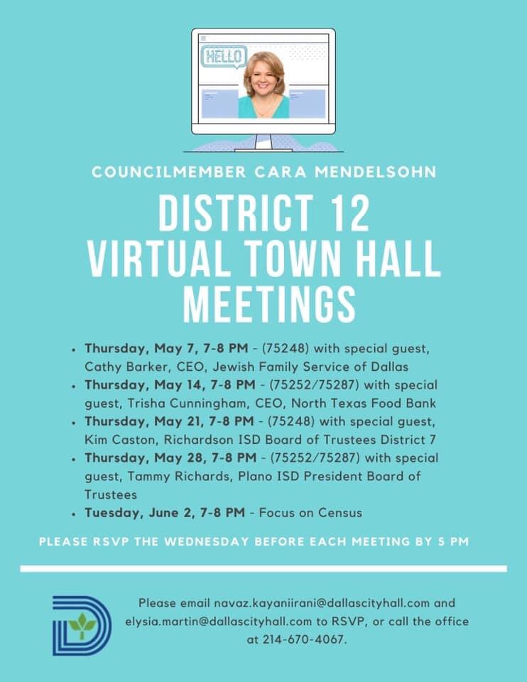 caraathome's tweet photo. Thanks to all who attended the #D12 virtual town hall tonight with special guest @JFSdallas. #CityHallUpdate #AskQuestions #GiveInput @CityOfDallas Looking forward to next week with @ntfb! https://t.co/stHA5e6Hec