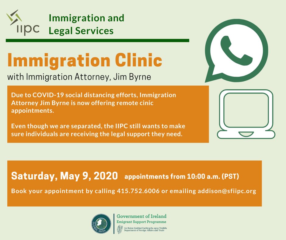 The stay-at-home order is not stopping the IIPC's monthly Immigration Clinics with attorney Jim Byrne! Book your appointment with Addison at 415.752.6006 or addison@sfiipc.org for this Saturday, May 9 from 10:00 a.m.  facebook.com/events/2893530… #immigrationadvice