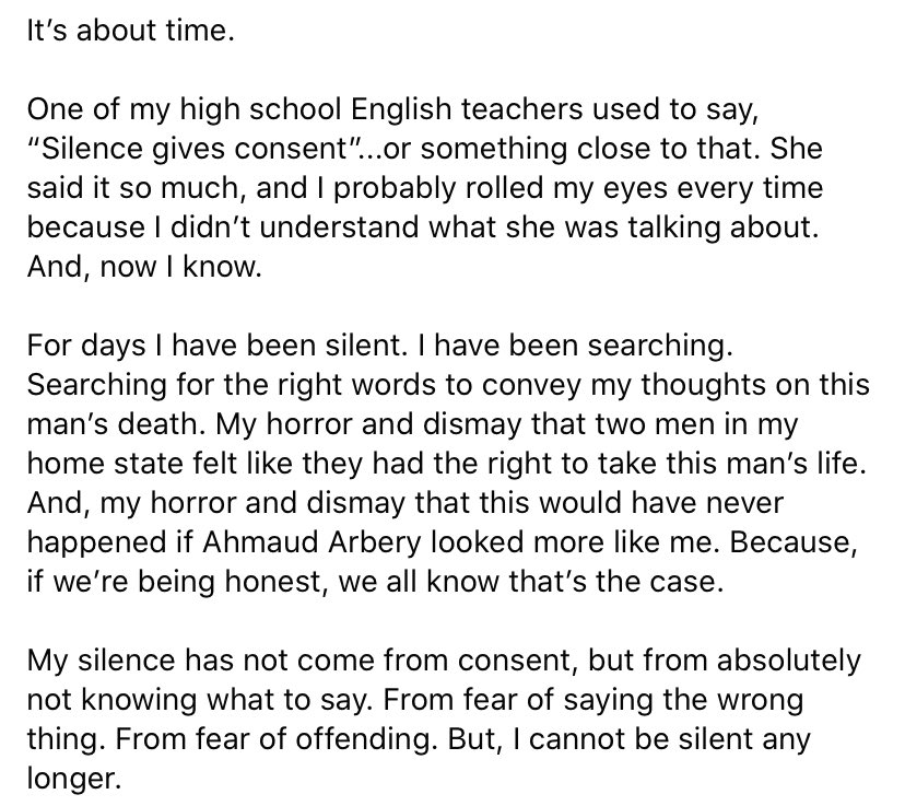 Wes_nship's tweet photo. A (white) friend of mine shared these words this evening.

She said it better than I will attempt to right now. Don’t really have much to add. Just can’t bear the silence. #RunWithMaud https://t.co/9dNPziqsi9