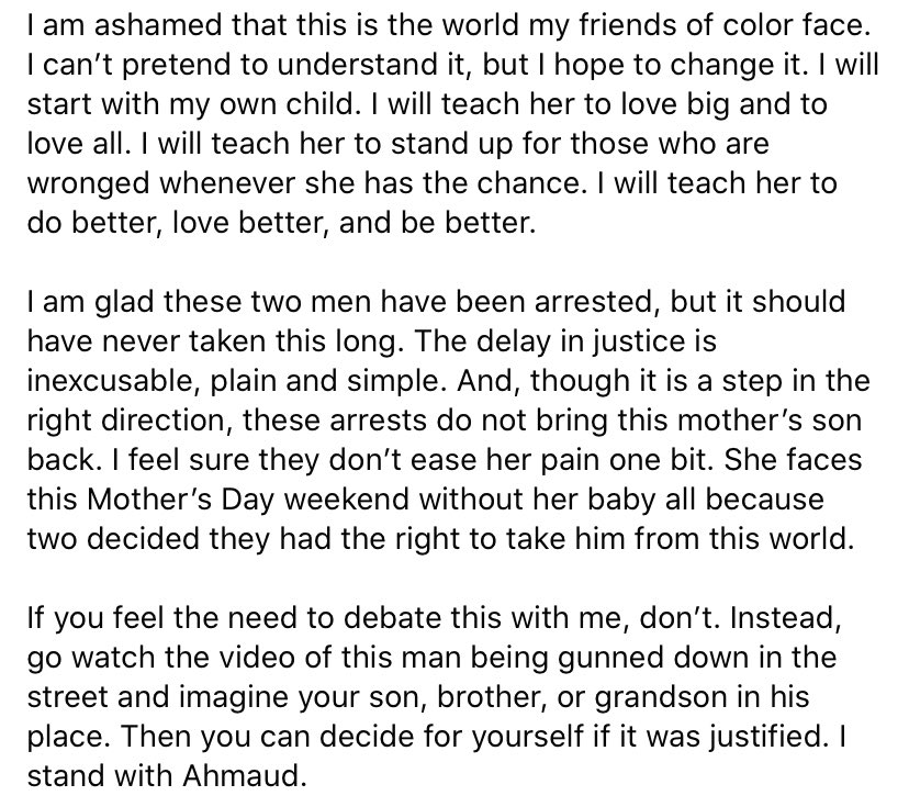 Wes_nship's tweet photo. A (white) friend of mine shared these words this evening.

She said it better than I will attempt to right now. Don’t really have much to add. Just can’t bear the silence. #RunWithMaud https://t.co/9dNPziqsi9