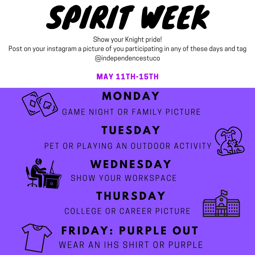 StuCo_IHS's tweet photo. Hey guys!! to make these times a bit more cheerful we came up with a digital spirit week, starting this upcoming Monday, May 11th through the 15th. You guys can post your pictures on instagram and tag us @independencestuco and we’ll share them on our story! https://t.co/TqZpV6AdkY