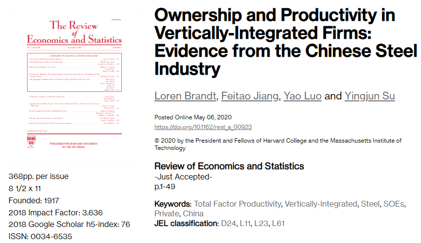 IESR_Jinan's tweet photo. Ownership and Productivity in Vertically-Integrated Firms: Evidence from the Chinese Steel Industry | Our prof Yingjun Su’s paper, co-authored with Loren Brandt, Feitao Jiang and Yao Luo, is forthcoming in @restatjournal.  https://t.co/G5EM9ac8Gs #EconTwitter https://t.co/ZRlc29egLN