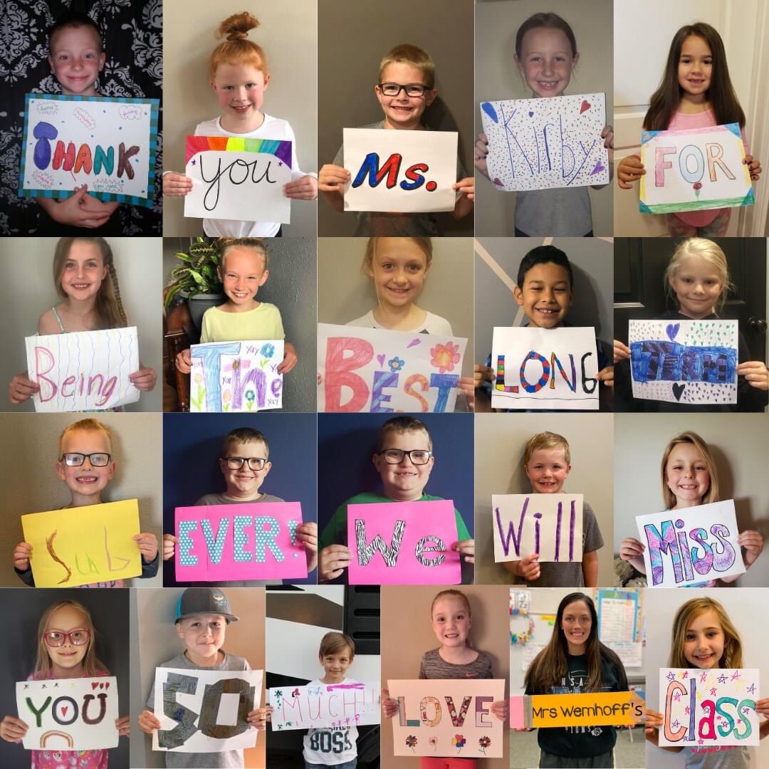 Today was Ms. Kirby’s last day on Zoom with the first graders as Mrs. Wemhoff comes back from maternity leave on Monday. The first graders surprised her with this gift. Thank you Ms. Kirby and good luck on your first teaching job at High Plains <a href="/NW1Rschool/">1R School</a>
