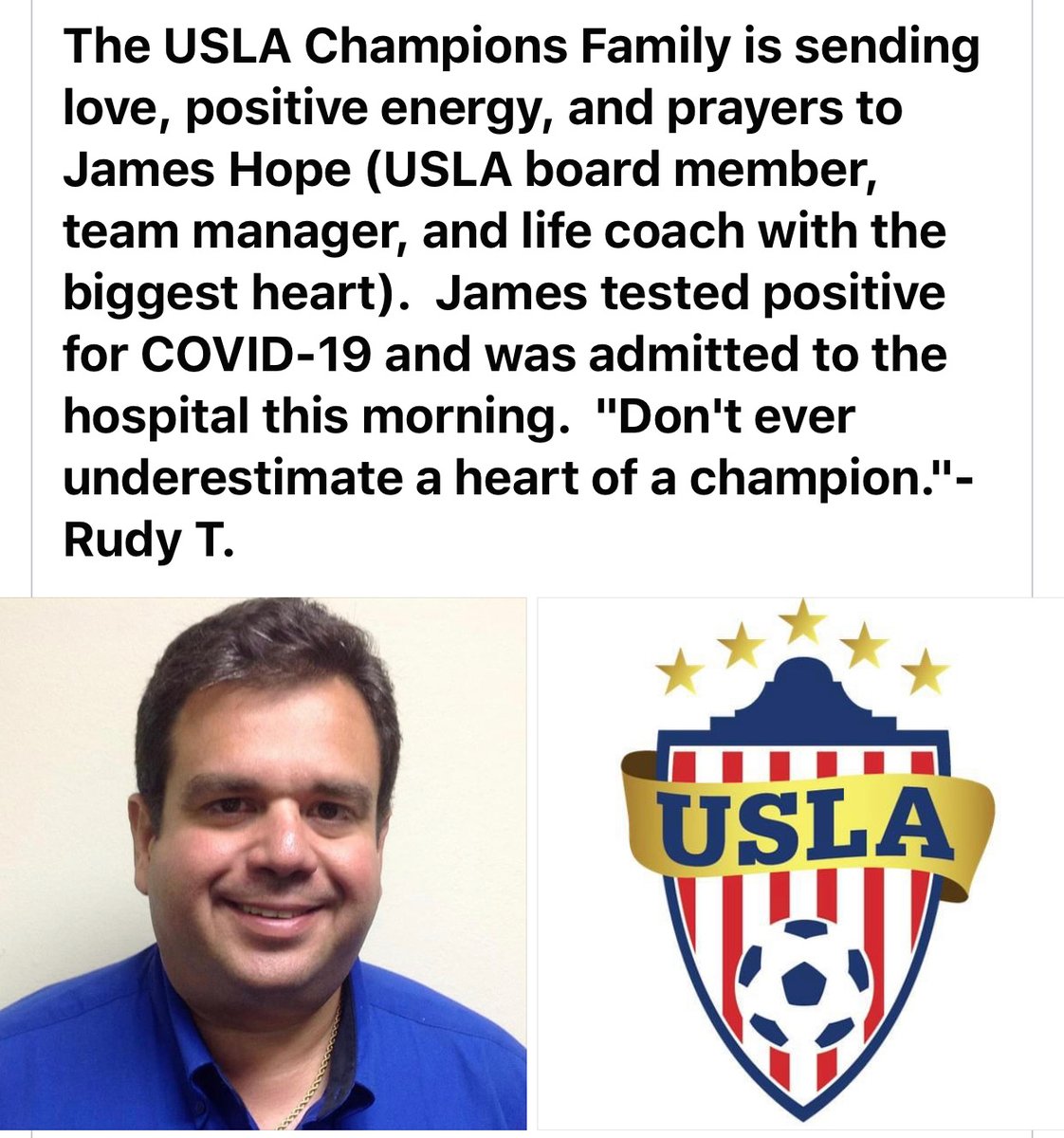 SambaFCAcademy's tweet photo. Our Samba FC Academy family is sending prayers to @Jhopehope16 and also to @USLA_SA. James Hope was admitted to the hospital today for covid-19. Get well and see you on the pitch soon. 🙏❤⚽ https://t.co/3lMhzhDSEy