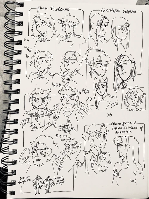 #fe3hsiblingsweek has a free day, right... here's a page of various concepts/hairstyles for some unseen sibs
-Glenn Fraldarius 
-Christophe Gaspard, who looks like an art student
-Edelgard's 2 oldest siblings, may have attended th same time as Chris and Cass
-big bro bergliez 