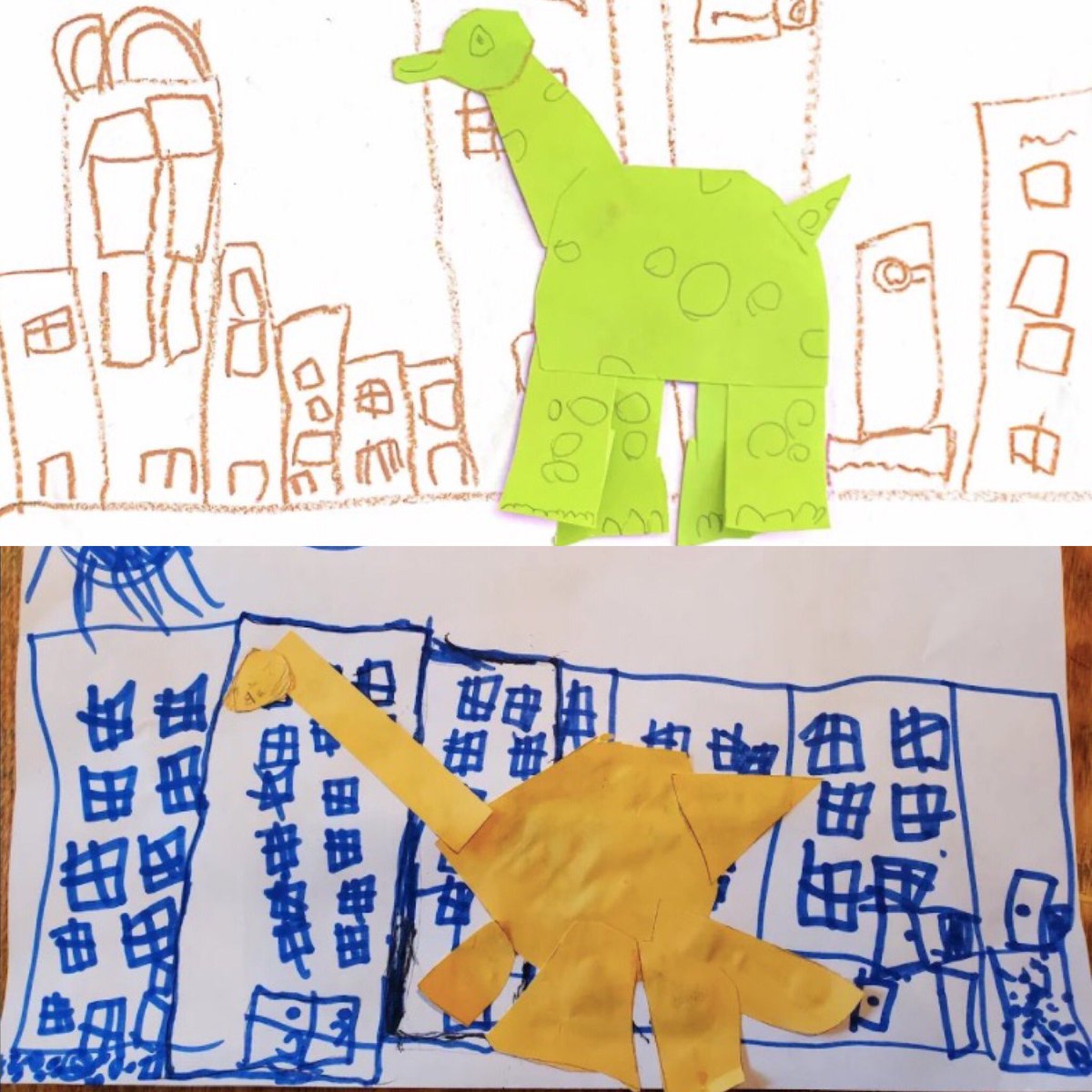HolmesKinder's tweet photo. After reading “If the Dinosaurs Came Back” our Holmes Kinders recreated their own pages of the book! We were so happy that this project could be recreated at home! #holmeshawks  #op97 #weared97 https://t.co/Adi6bid6lq