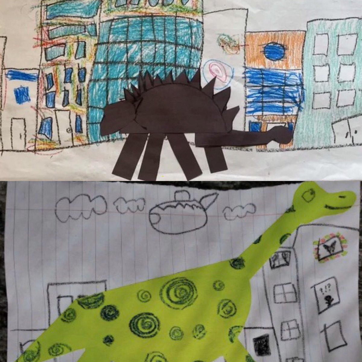 HolmesKinder's tweet photo. After reading “If the Dinosaurs Came Back” our Holmes Kinders recreated their own pages of the book! We were so happy that this project could be recreated at home! #holmeshawks  #op97 #weared97 https://t.co/Adi6bid6lq