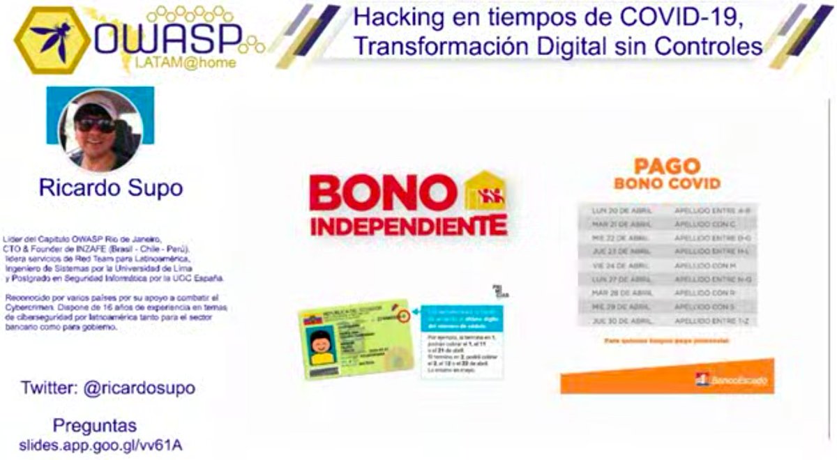 owaspbaq's tweet photo. En estos momentos en @owasplatam @ricardosupo y su presentación .... "Hacking en tiempos de COVID-19"  
 
#OwaspLatam 
#OwaspLatamAtHome20 
#Quedateencasa 
#OwaspPandemicEdition https://t.co/oVCTcGhZJn