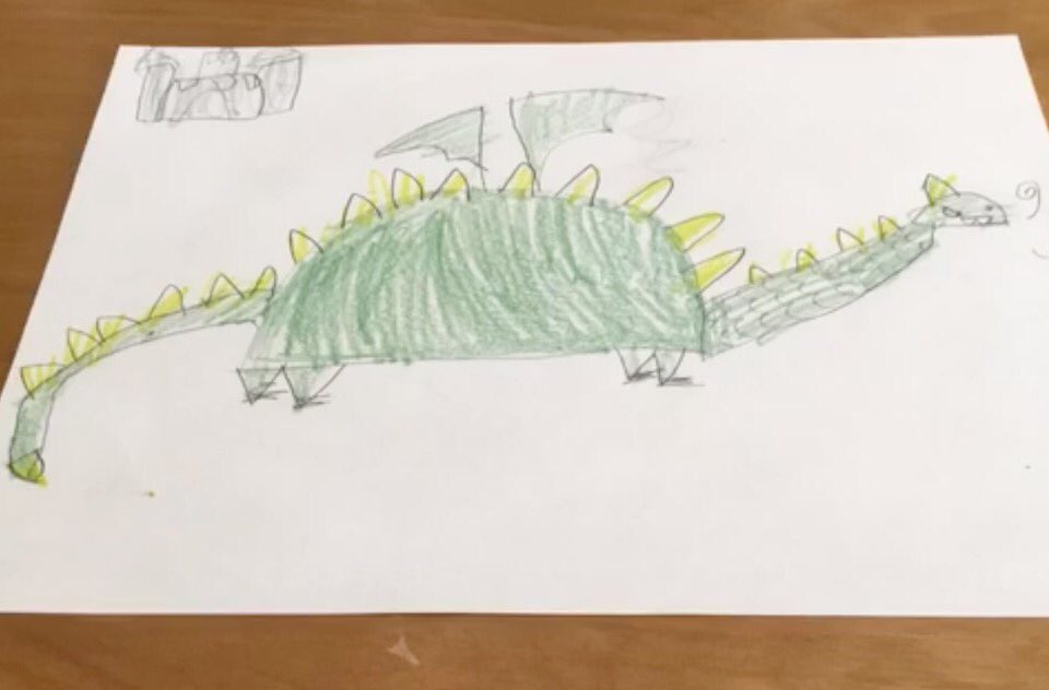 TeacheraGoGo's tweet photo. One of my K classes followed my video instructions to draw a dragon then their teacher had them turn it into a Chatter Pix 🐉 I love it! Want to draw a dragon? Go to https://t.co/dxcbiyC469 #freelesson #directeddrawing #STEAM #freedistancelearning https://t.co/Vk2ZPH3dfJ