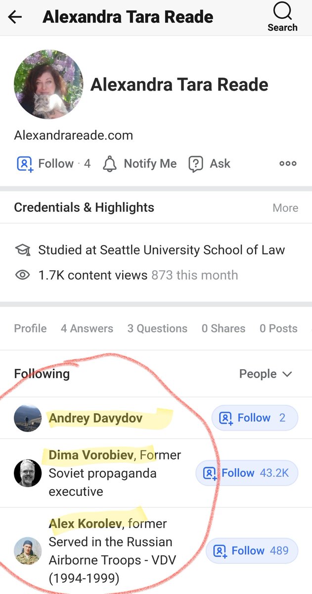 Post Follow Up #2:Tara's Quora account is a jackpot of weirdness. She only follows Russian propagandists. Her answers are all about social media success. https://www.quora.com/profile/Alexandra-Tara-Reade?ch=10&share=c5dc6f76&srid=jOyDq