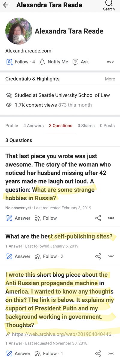 Post Follow Up #2:Tara's Quora account is a jackpot of weirdness. She only follows Russian propagandists. Her answers are all about social media success. https://www.quora.com/profile/Alexandra-Tara-Reade?ch=10&share=c5dc6f76&srid=jOyDq