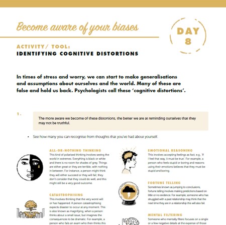 Day 8's video features our hosts discussing how awareness of one's biases and self-assumptions help helps in times like these.

Watch the full video here: bit.ly/cbschannel

#KeepaClearHead #ComeBackStronger #resilience #MentalHealthMatters #StayHomeStayStrong