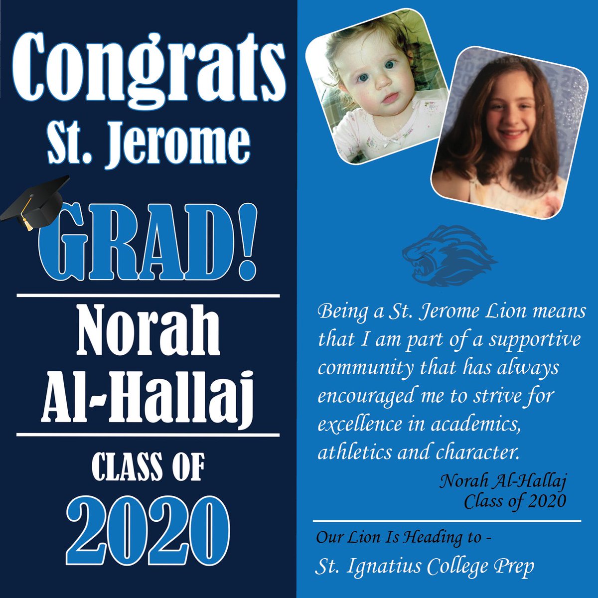 CatholicJerome's tweet photo. St. Jerome School is honoring our 8th graders in the month of May! Here are some of our GRADUATE SPOTLIGHTS -let’s wish these LIONS all the success and happiness! #oncealionalwaysalion #sjsstrong #Classof2020 @DLSMeteors @MaristChicago @IgnatiusChicago https://t.co/p03XcE7tR7