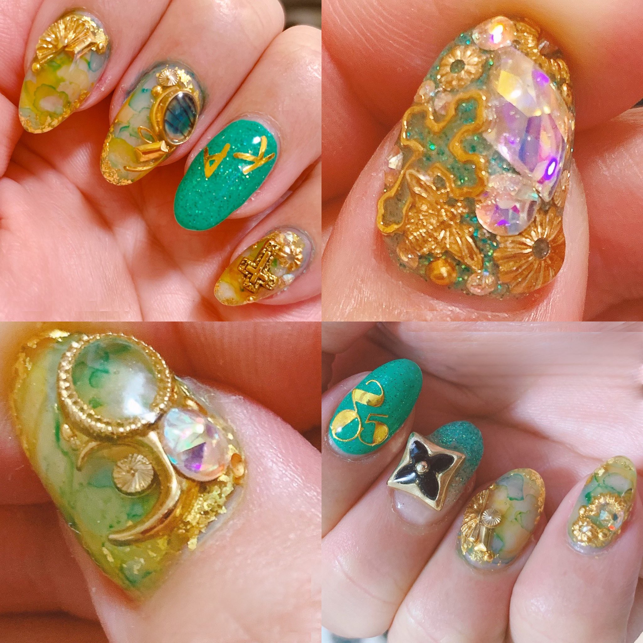 Emorock 療養中 今月のネイル 今月は夫氏の誕生月の為のデザインをネイリストさんと一緒に考えてド派手 にいきました 5月の誕生石がエメラルドなので エメラルドグリーンをベースにとにかく派手に W ネイル エメラルドグリーン