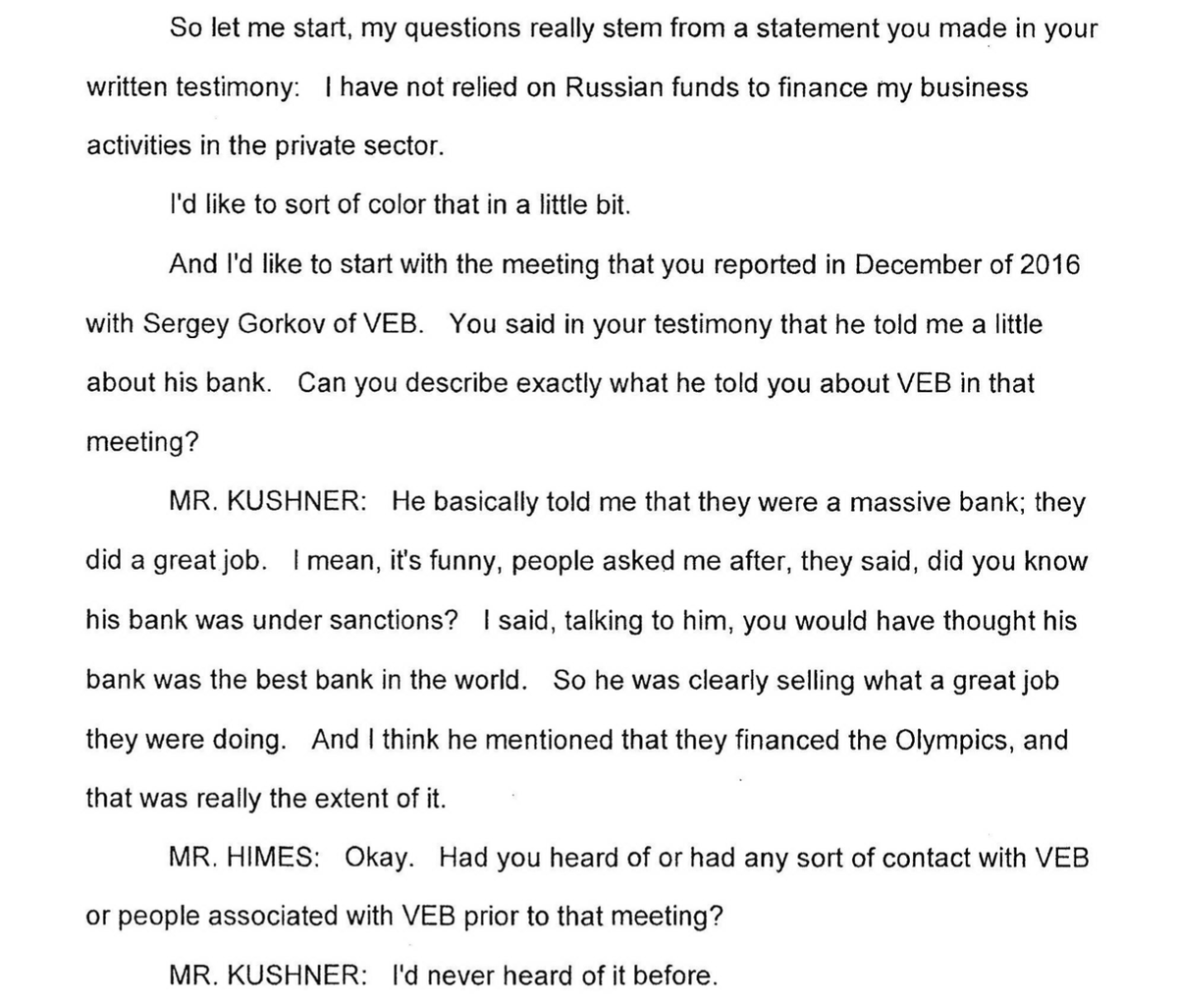 HIMES: So do you remember meeting with the Russian spy from the sanctioned Russian bank that is Putin's favorite?KUSH: The one that financed Trump Toronto? Never heard of it EVAR!