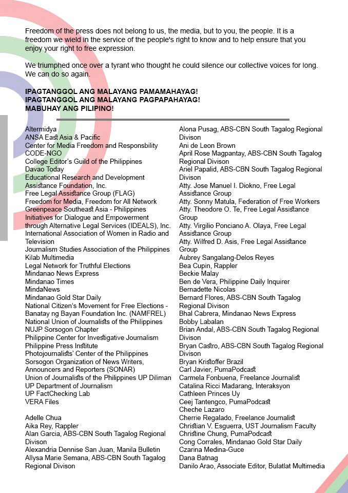 leahnavarro's tweet photo. Unity Statement: Freedom of the Press Belongs to the People

Read and share, please.

#NoToABSCBNShutDown 
#DefendPressFreedom https://t.co/9e1QiRgsgo
