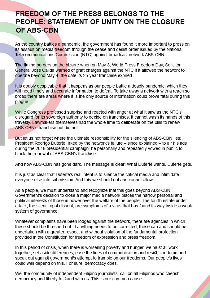 leahnavarro's tweet photo. Unity Statement: Freedom of the Press Belongs to the People

Read and share, please.

#NoToABSCBNShutDown 
#DefendPressFreedom https://t.co/9e1QiRgsgo