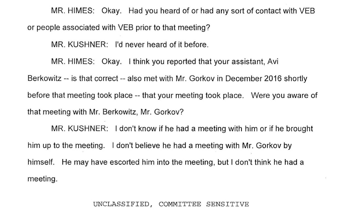 HIMES: So you had never heard of the sanctioned Russian bank that financed your father-in-law's hotel that your right-hand man met with during the f**king Transition? KUSH: Nope! He didn't even want to know about pizza!
