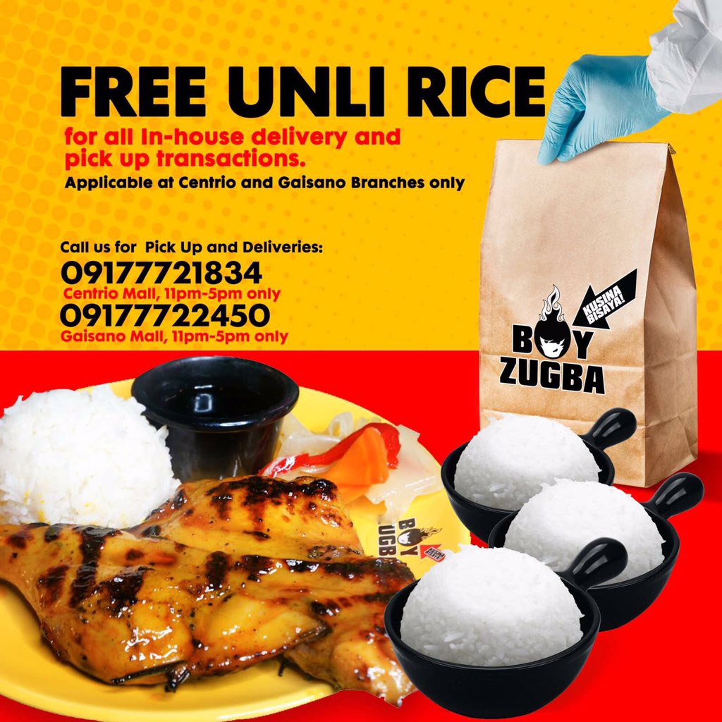 BoyZugbaPH's tweet photo. Hi migo/miga! Sugod karon, for every minimum order of P200.00 worth of your favorites from Boy Zugba Centrio and Gaisano branches, naa nami pakapin nga FREE Unli Rice!

Yessir! No need to lung-ag anymore! Just let our Zuggy rider know kung pila ka cups of rice ang inyohang gusto. https://t.co/mtFagexK0Q