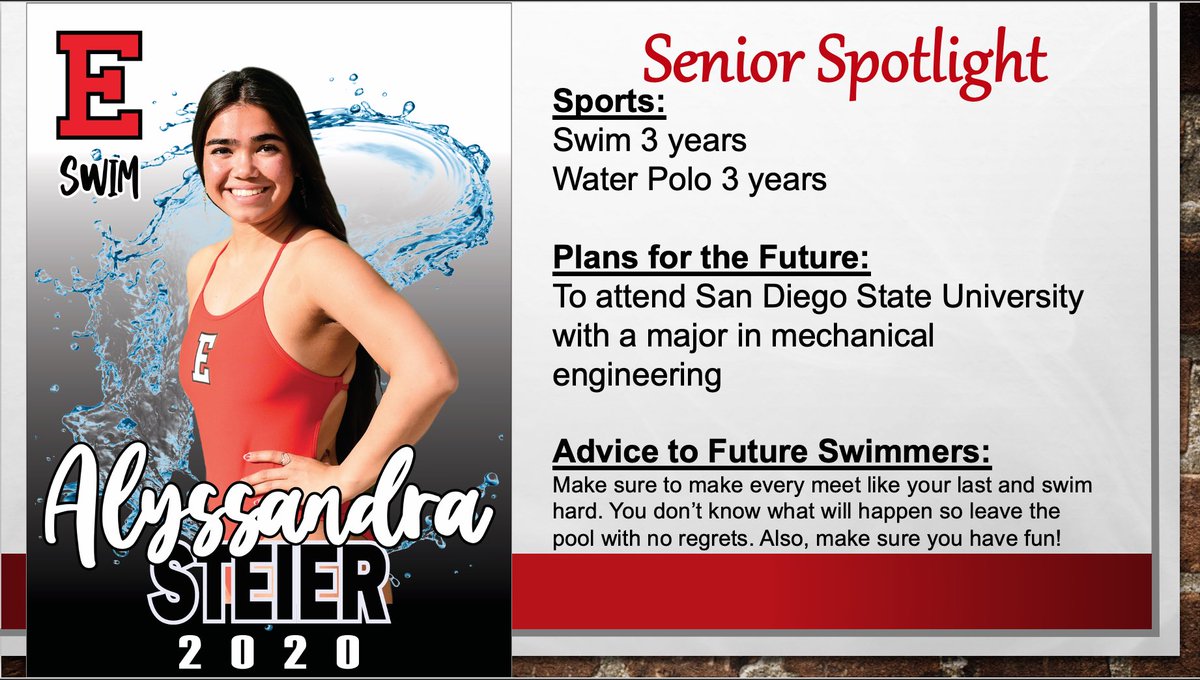 ElsinoreSwim's tweet photo. Tonight’s Senior Spotlight is on Aly Steier! Aly has been a great asset to our team and is a well rounded swimmer. This year, she became one of our top sprinters. We are going to miss her kind heart and great smile. We love you Aly and will deeply miss you on our pool deck! ❤️🏊🏼‍♀️ https://t.co/rXoQJ5Taj2