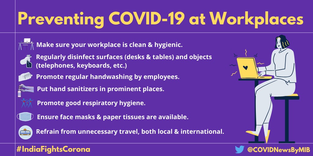 COVIDNewsByMIB's tweet photo. #IndiaFightsCorona:

📍 Preventing #COVID19 at workplaces

➡️Make sure your workplace is clean &amp; hygienic
➡️ Regularly disinfect surfaces
➡️ Promote regular handwashing by employees

#StayAtHome🏡

Via @Director_NCDC https://t.co/tsoyFpzVMd
