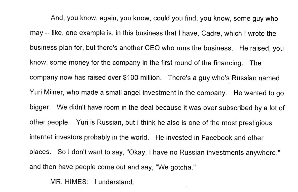 KUSH: I have no idea how much Russian money we've taken, and I left that part of my SF-86 blank, but oh yeah, we took money from the guy who infiltrated Facebook.HIMES: God you are a douche.