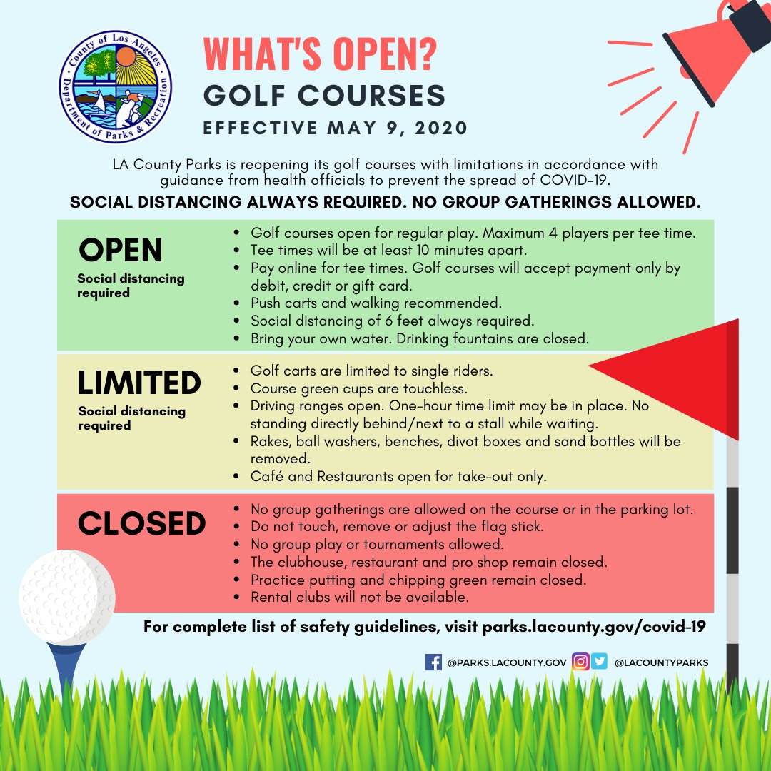 lacountyparks's tweet image. 📣Reminder: @lacountyparks trails and golf courses will reopen on Saturday, May 9, with guidelines for the health and safety of trail users, golfers, parks users, staff, and the public.

For complete guidelines, see parks.lacounty.gov/covid-19/