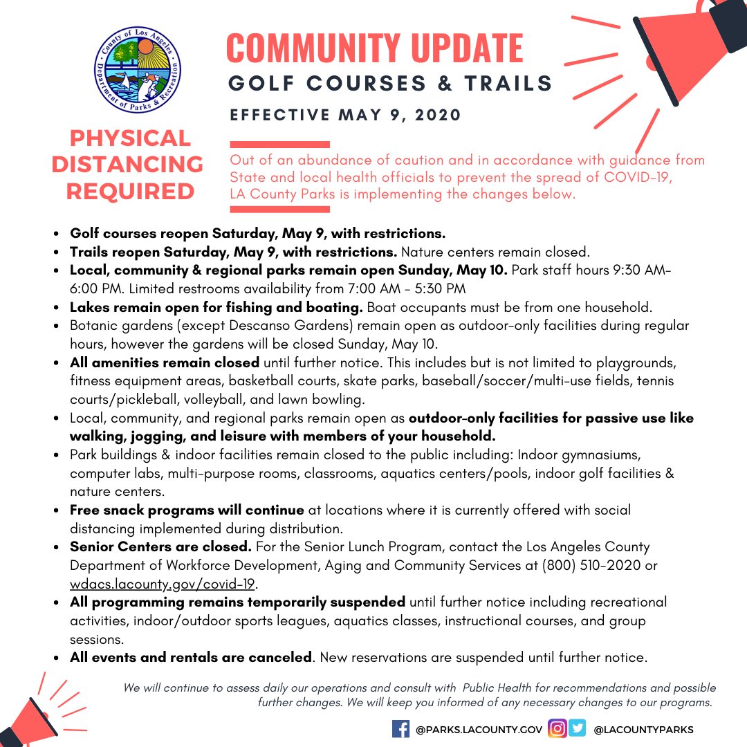 lacountyparks's tweet image. 📣Reminder: @lacountyparks trails and golf courses will reopen on Saturday, May 9, with guidelines for the health and safety of trail users, golfers, parks users, staff, and the public.

For complete guidelines, see parks.lacounty.gov/covid-19/