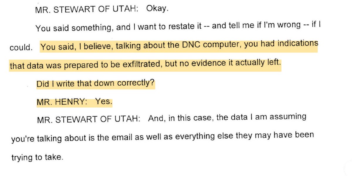 I want to stress what a pretty big revelation this is. Crowdstrike, the firm behind the accusation that Russia hacked & stole DNC emails, admitted to Congress that it has no direct evidence Russia actually stole/exfiltrated the emails. More from Crowdstrike president Shaun Henry: