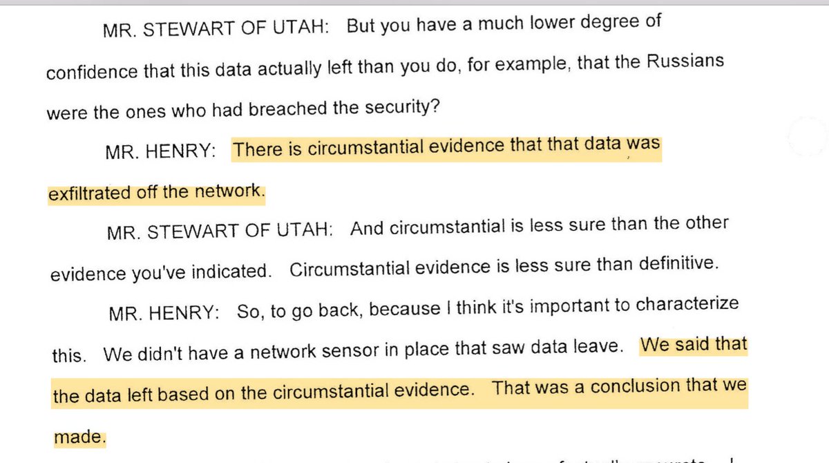 I want to stress what a pretty big revelation this is. Crowdstrike, the firm behind the accusation that Russia hacked & stole DNC emails, admitted to Congress that it has no direct evidence Russia actually stole/exfiltrated the emails. More from Crowdstrike president Shaun Henry: