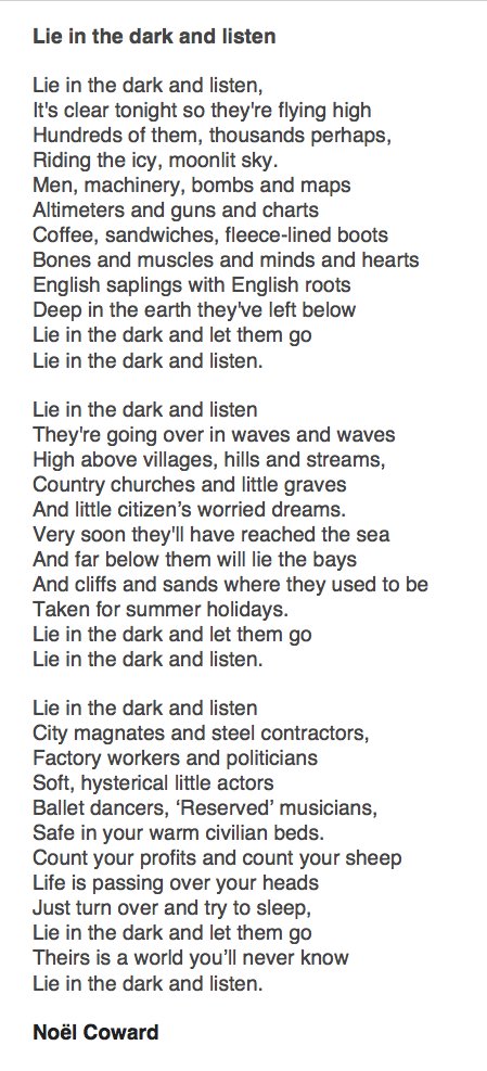 161 Lie in the Dark and Listen by Noël CowardFor  #VEDay75  #PandemicPoems  https://soundcloud.com/user-115260978/161-lie-in-the-dark-and-listen-by-noel-coward