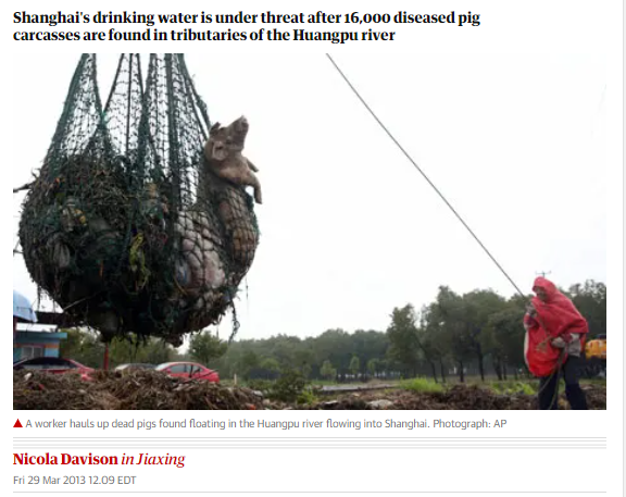 17/"As demand has risen China's domestic pig farmers have been subject of scandals with 1000's of dead pigs found dead in Chinese rivers, disease outbreaks and illnesses. There have also been recent reports of contamination of the Chinese meat supply from a bird-flu outbreak."
