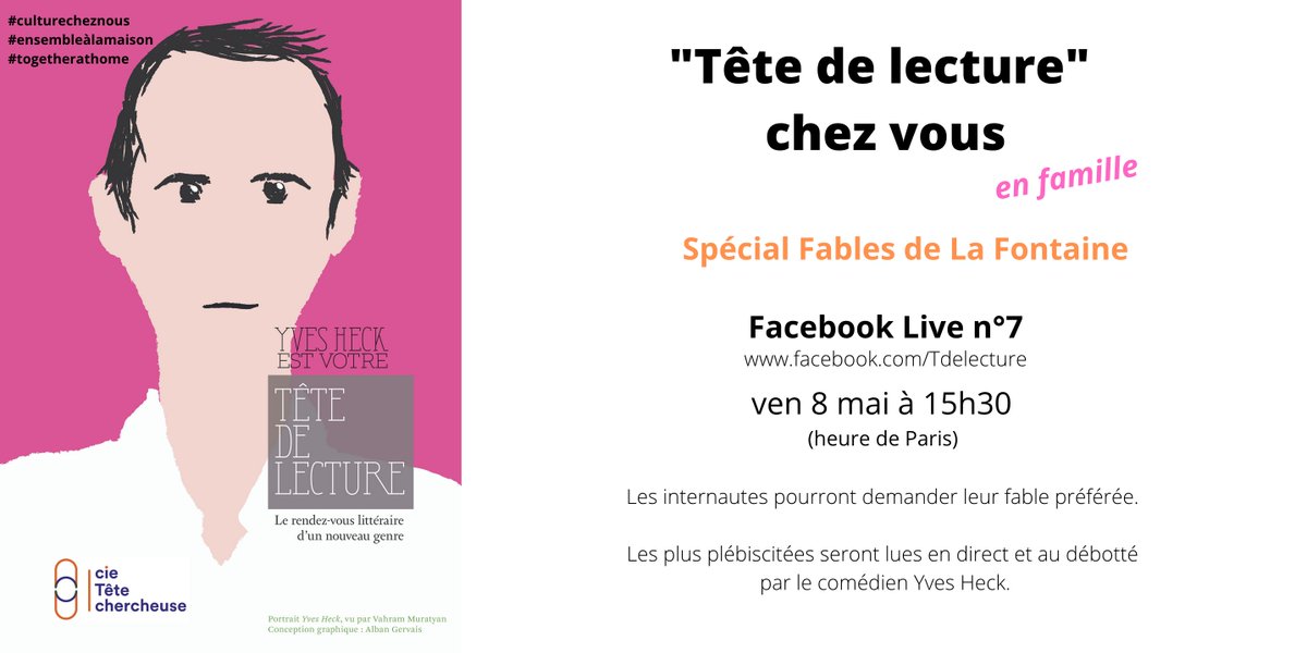 t_chercheuse's tweet photo. #Aujourdhui à 15h30, en #FacebookLive, demandez au comédien @yvesheck la lecture de votre fable de La Fontaine préférée 🦁🦊🐻

Infos : https://t.co/NMHEOyi3Sw

#ConfinementJour53 #ensemblealamaison #lecture #famille #enfants #TogetherAtHome #RestezChezVous #CultureChezNous https://t.co/oQPCQFBcL1