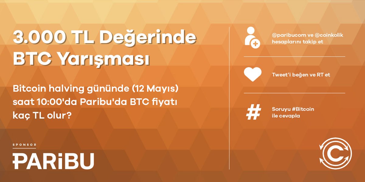 3.000 TL değerinde, Bitcoin Halving gününe özel BTC tahmin yarışması başladı!

Yarışmaya katılmak için:
1⃣<a href="/ParibuCom/">Paribu</a> &amp; <a href="/Coinkolik/">Coinkolik</a> takip et
2⃣Bu tweet'i beğen ve RT et
3⃣Tahminini #Bitcoin hashtagi ile yaz

📅Son Katılım: 10 Mayıs 2020, 23.59

▶ Kurallar: kisa.link/NrbY