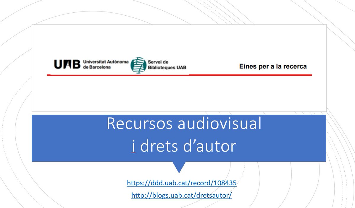 Bctuab's tweet photo. Vols incloure recursos #audiovisuals en el teu treball i fer-ho bé?
Els recursos audiovisuals a Internet tenen #DretsAutor. Aquesta guia @bibliotequesUAB explica com incloure'ls sense vulnerar-ne els drets
https://t.co/fk5u3mxaVC
I ofereix un llistat de repositoris gratuïts https://t.co/vjjG9HvCEz