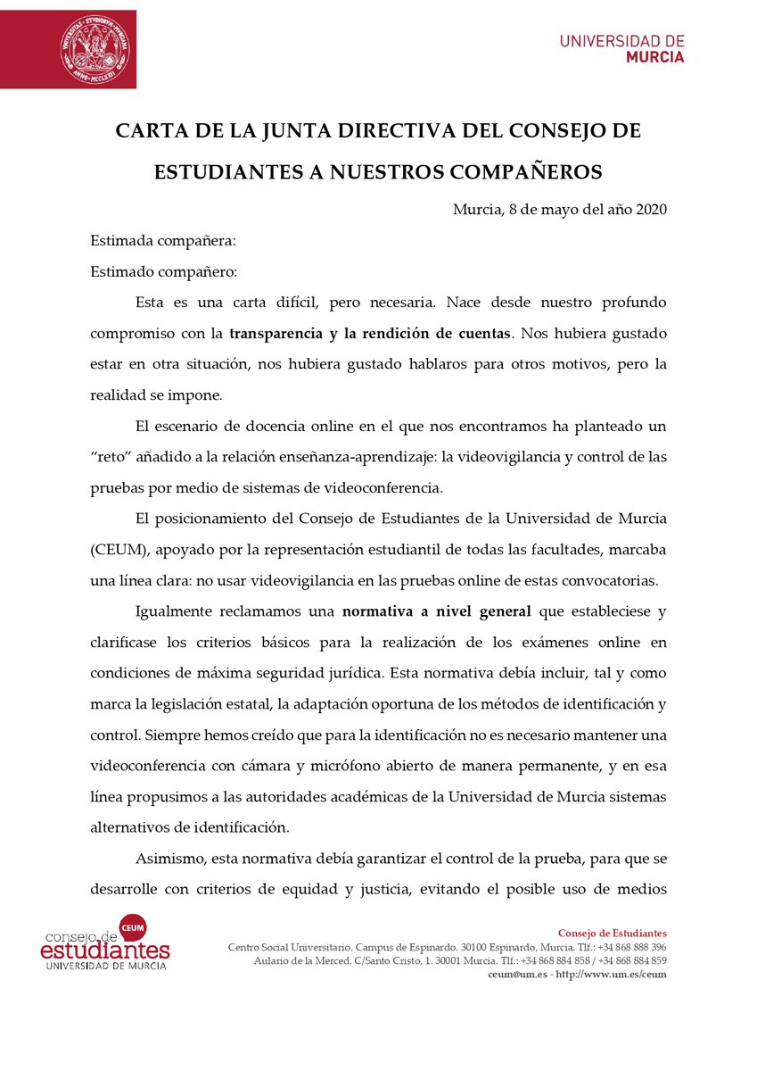 ceum_es's tweet photo. Hoy se ha aprobado en Consejo de Gobierno de la @UMU el Reglamento extraordinario para la urgente adaptación de los instrumentos y procedimientos de evaluación. 

Por este motivo, la Junta Directiva del CEUM ha escrito esta carta, dirigida a todos los estudiantes: https://t.co/bHKwkVEyLp