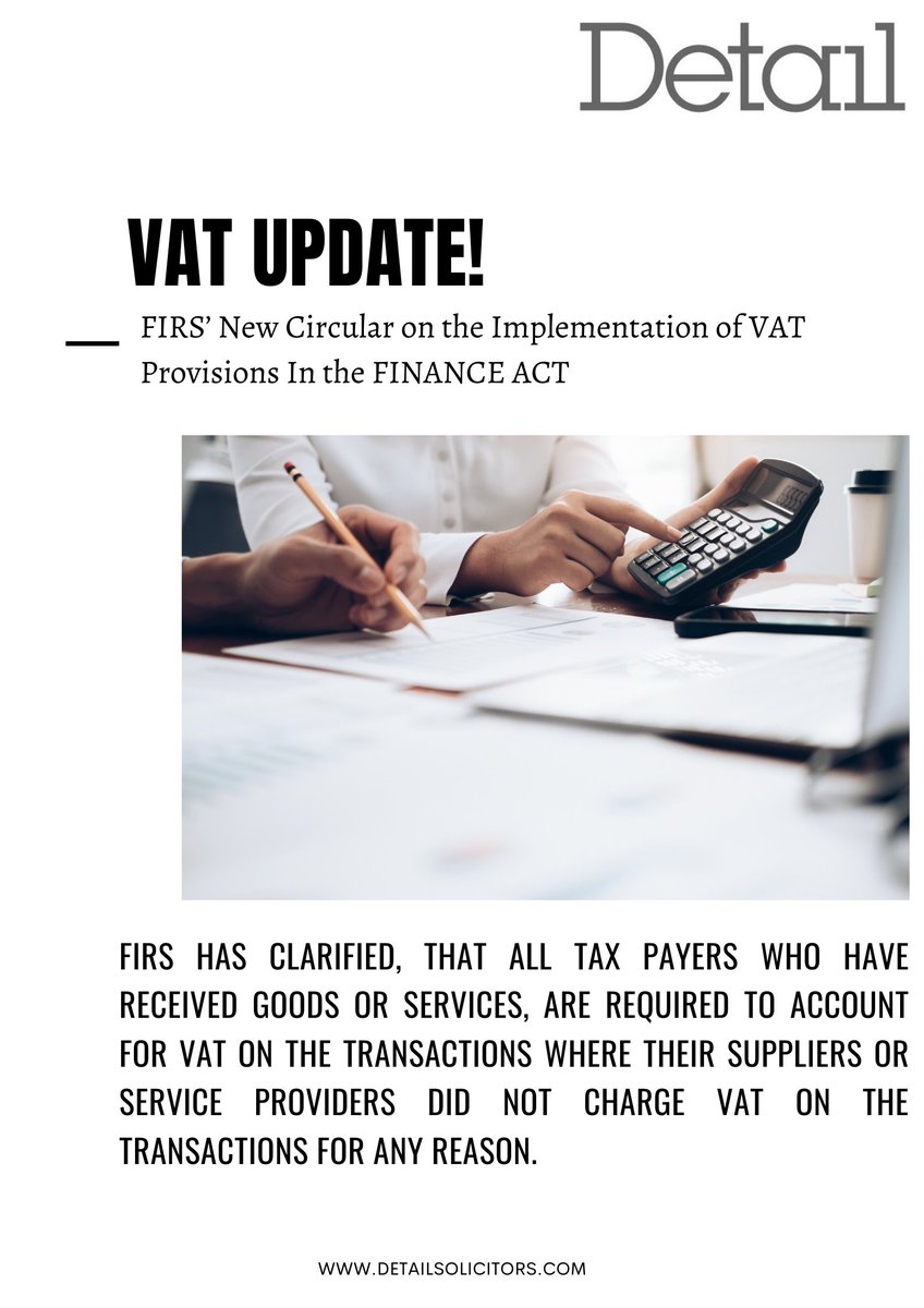 VAT Update: FIRS has clarified, that all tax payers who have received goods or services, are required to account for VAT on the transactions where their suppliers or service providers did not charge VAT on the transactions for any reason.
#VATUpdate #Tax #Business #Nigeria