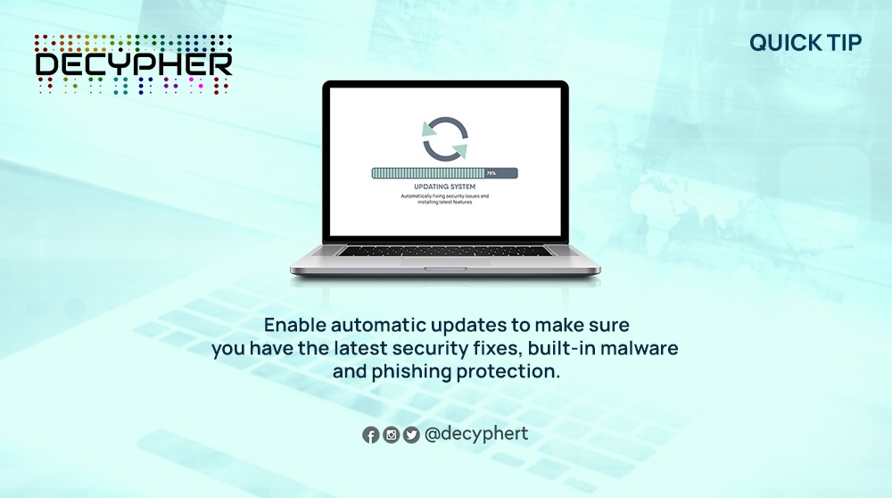 DecypherT's tweet photo. Enabling auto updates helps you to get the latest security protection.
#CyberSecurity #ITSecurity 
#SystemUpdates https://t.co/Z71JUrKLQ0