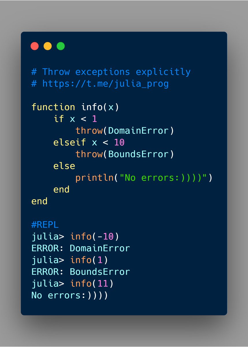 Throwing exceptions explicitly

#JuliaLang #Julia #Programming #Exceptions #throw