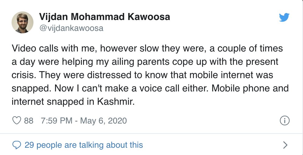 scroll_in's tweet photo. ‘No phones to call doctors’: Kashmiris speak out against communication block in the time of Covid-19 https://t.co/7I41EKoDmz
Kashmir Valley is a red zone. But most people do not have a working phone. https://t.co/SsfsPeLSZw